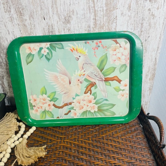 Vintage MCM Set of 3 Metal Tray Cockatoo and Flowers - Picture 6 of 8